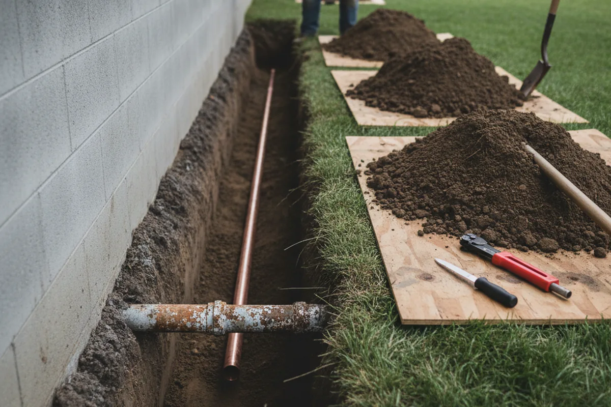 Excavated water line trench during Water Softener Installation in Crumpler